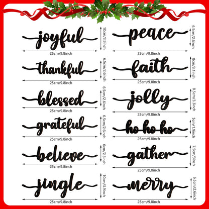 12 Pieces Christmas Word Wood Cutout Joyful Merry Thankful Grateful Blessed Peace Gather Word Sign Christmas Plate Cutout Rustic Merry Signs for Home Table Plate Decoration