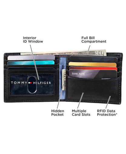 Tommy Hilfiger Men's Leather Wallet – Slim Bifold with 6 Credit Card Pockets and Removable ID Window, Dark Black, One Size