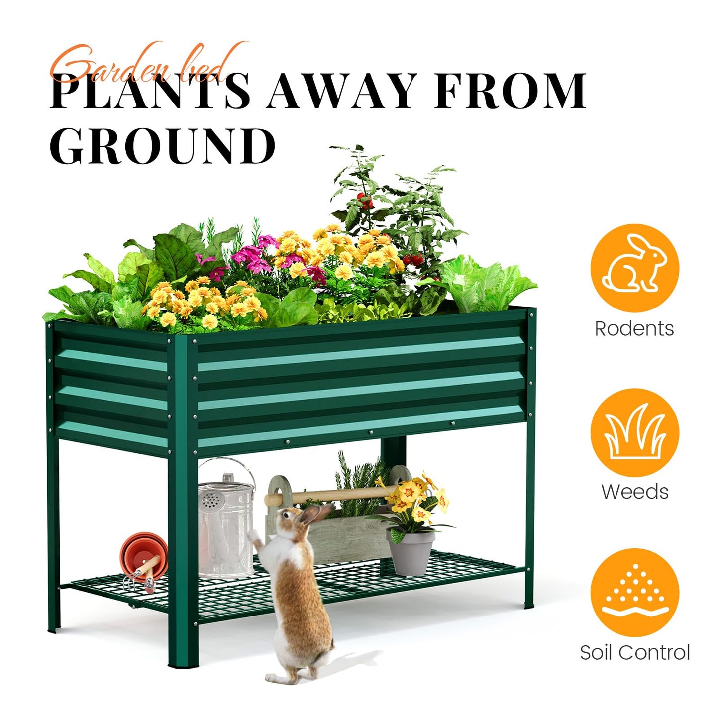 KING BIRD Large Raised Garden Bed with Legs & Storage Shelf Galvanized Elevated Planter Box for Backyard, Patio, Balcony, 400lb Capacity, Green 48×24×31.5 in