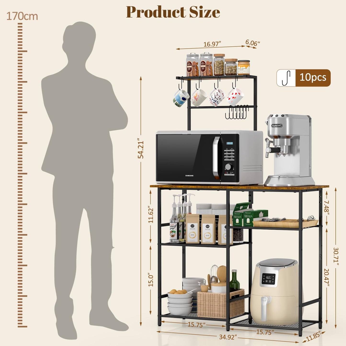 Baker's Rack for Kitchen with Storage, Microwave Stand with Adjustable Shelves and 10 S Hooks, 6-Tier Coffee Bar Station, Kitchen Shelves for Spices, Pots, Rustic Brown