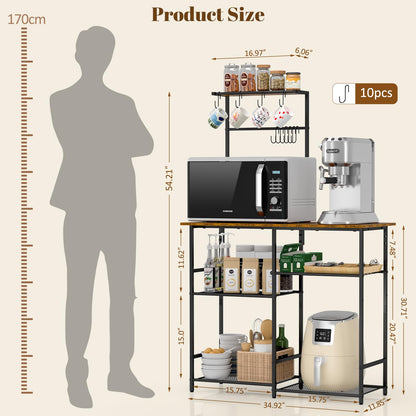 Baker's Rack for Kitchen with Storage, Microwave Stand with Adjustable Shelves and 10 S Hooks, 6-Tier Coffee Bar Station, Kitchen Shelves for Spices, Pots, Rustic Brown