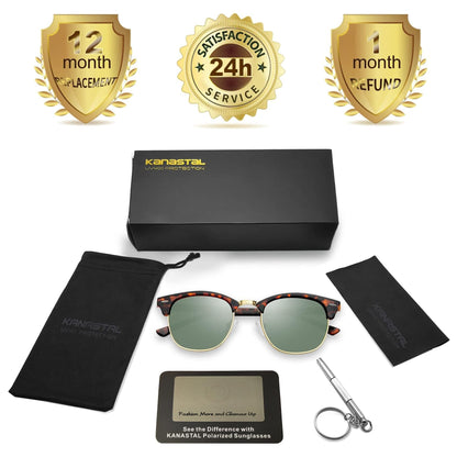 KANASTAL Dark Green Sunglasses Mens Polarised Womens Half Framed Horn Rimmed Sun Glasses Square Female Retro Semi Rimless Browline - Tortoiseshell Green Lens