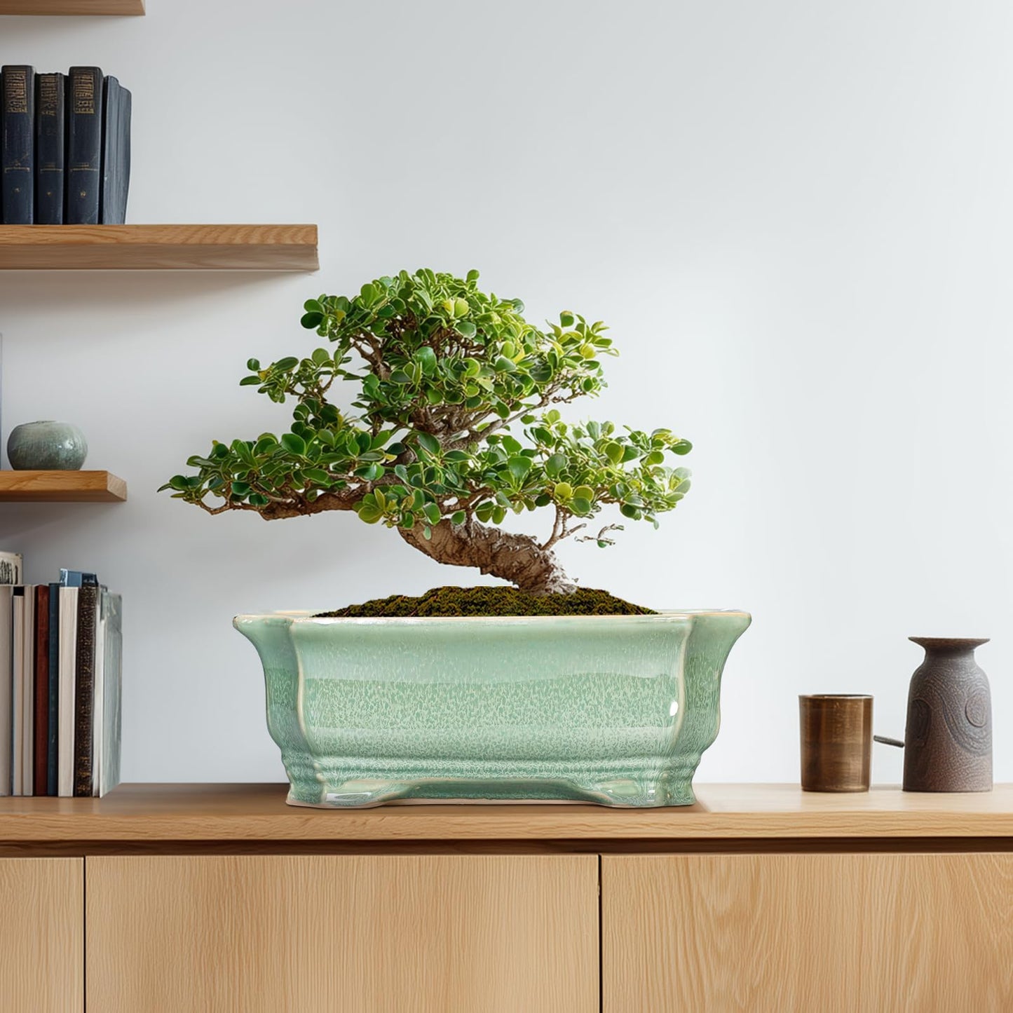 Teagas Bonsai Pots - 13.7 Inch Rectangle Ceramic Pots for Plants, Large Succulent Planter with Drainage Hole, Decorative Planters for Indoor Outdoor, Garden House Decor, Housewarming Gifts, Green