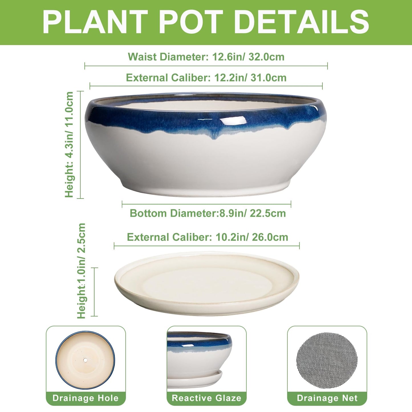 SQOWL Bonsai Tree Pots - 12 Inch Ceramic Succulent Planters, Large Bonsai Pot with Drainage Hole and Tray, Shallow Planter Indoor, Bowl Round Planter, Home Decor, Plant Lover Gift, Blue Off-White