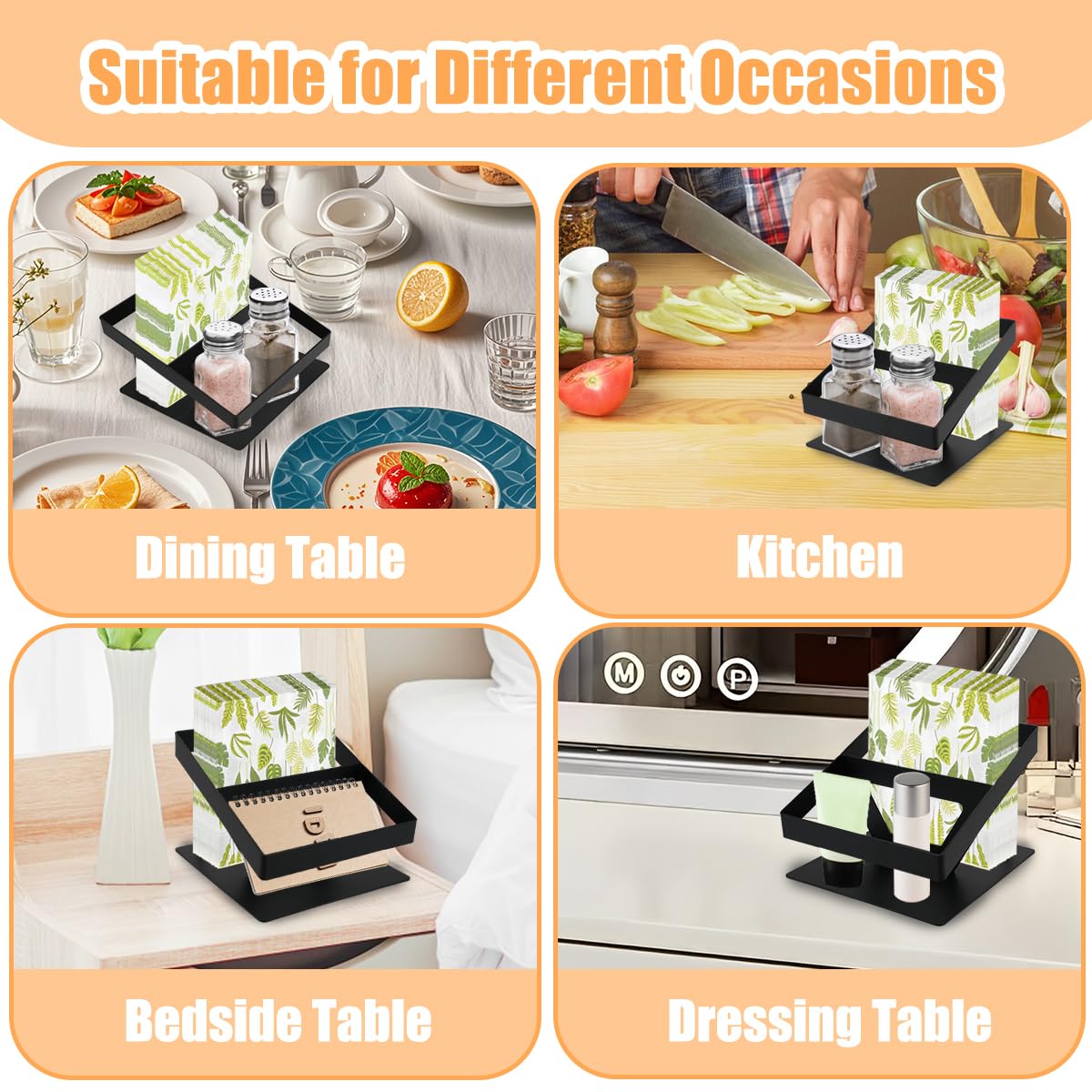 Napkin Holder for Table, SHAIDOJIO Metal Napkin Holder with Salt and Pepper Shakers Cadddy, Standing Paper Napkins Storage for Kitchen Dining Table Centerpiece Decor (Black)