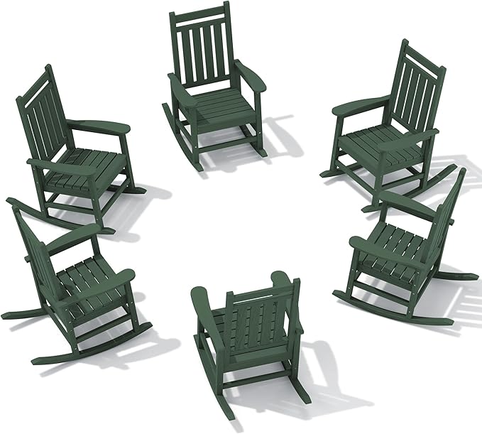 SERWALL HDPE Outdoor Rocking Chair Set of 6, Patio Rocking Chairs for Adults, All Weather Outdoor Rockers for Lawn, Green