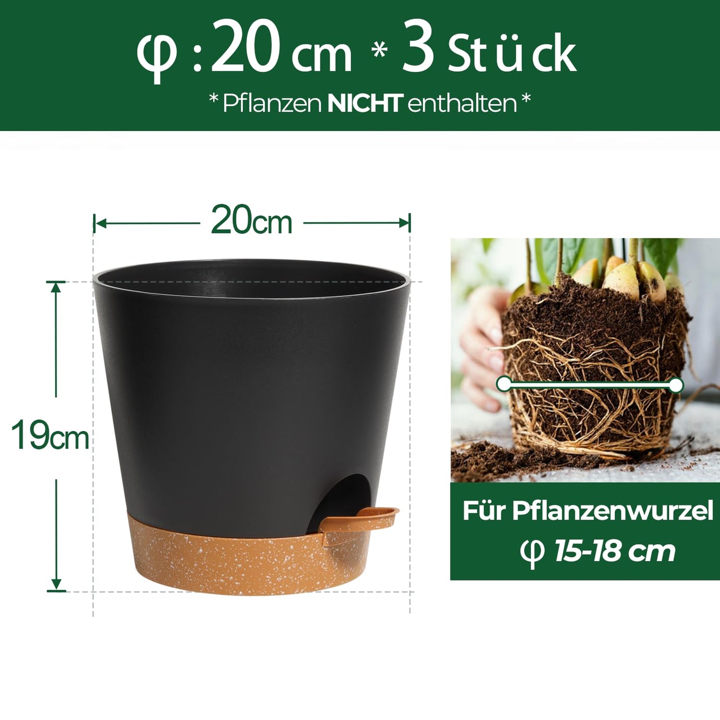 T4U 20 cm Plastic Flower Pot with Watering System, Set of 3 Self-Watering Flower Pot with Saucer, Herb Pot for Indoor and Balcony Garden Plants Succulents Cactus Flower Pot Black