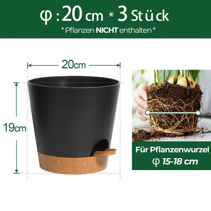 T4U 20 cm Plastic Flower Pot with Watering System, Set of 3 Self-Watering Flower Pot with Saucer, Herb Pot for Indoor and Balcony Garden Plants Succulents Cactus Flower Pot Black