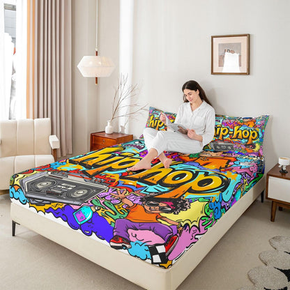 Feelyou Hippie Graffiti Sheets Hip Hop Radio Rock Bed Sheet Set Kids Boys Colorful Graffiti Pattern Bedding Set Watercolor Art Fitted Sheet Bedroom Collection 3Pcs Full Size