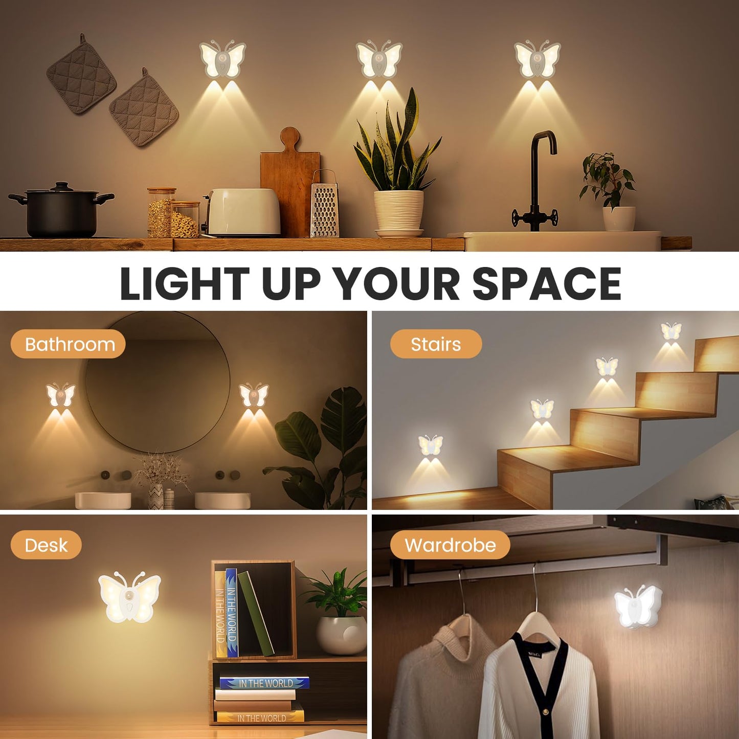LOFTEK Motion Sensor Night Light, Rechargeable Stair Lights, Wireless with Magnetic Stick on Wall Light for Hallway, Bathroom, Bedroom, Kitchen, Portable for Outdoor Camping, Warm White, 4 Pack
