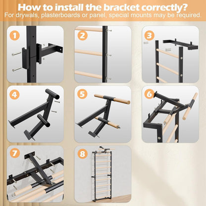 Gsskny Swedish Ladder, Wood Stall Bars Suspension Trainer with Pull-Up Bar & Rings for Straps, Swedish ladders Wall Gym Adult, Wall-Mounted Workout Ladder