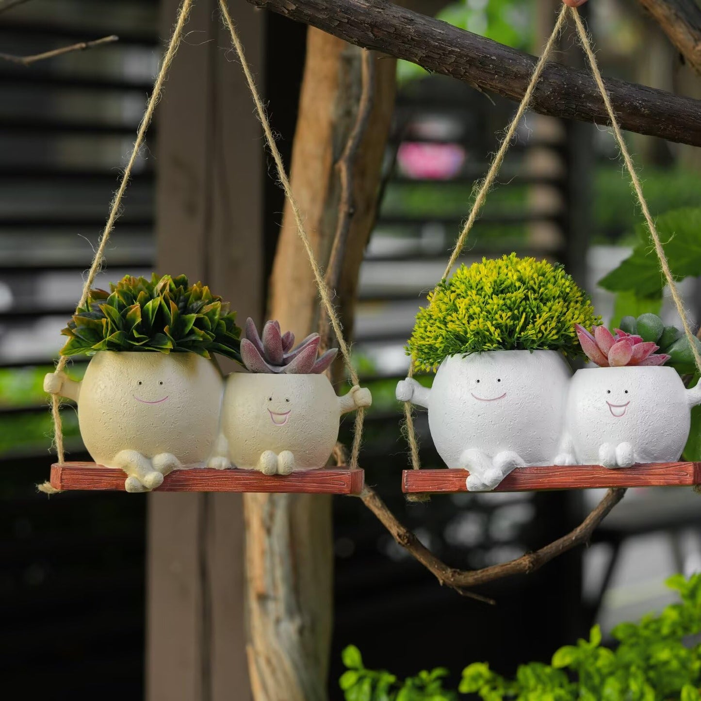 SeoatLink Cute Hanging Face Planter Pots, Funny Swinging Two Head Planters Succulent Pots with Drainage Hole, Funny Resin Hanging Plant Pots for Indoor Outdoor Plants White