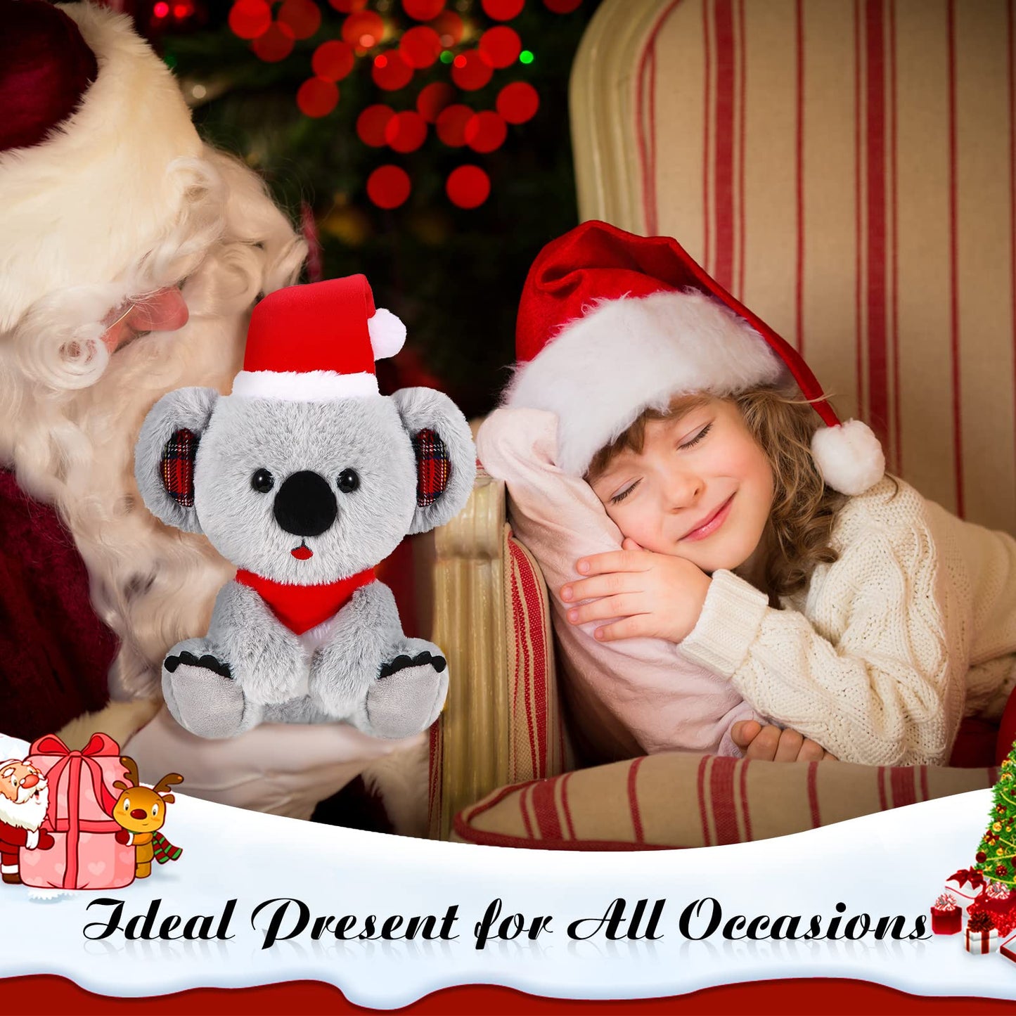 Threan 8 Inch Christmas Stuffed Animal Christmas Plush Doll with Santa Hat for Holiday Decoration Winter Gifts(Koalas Style)