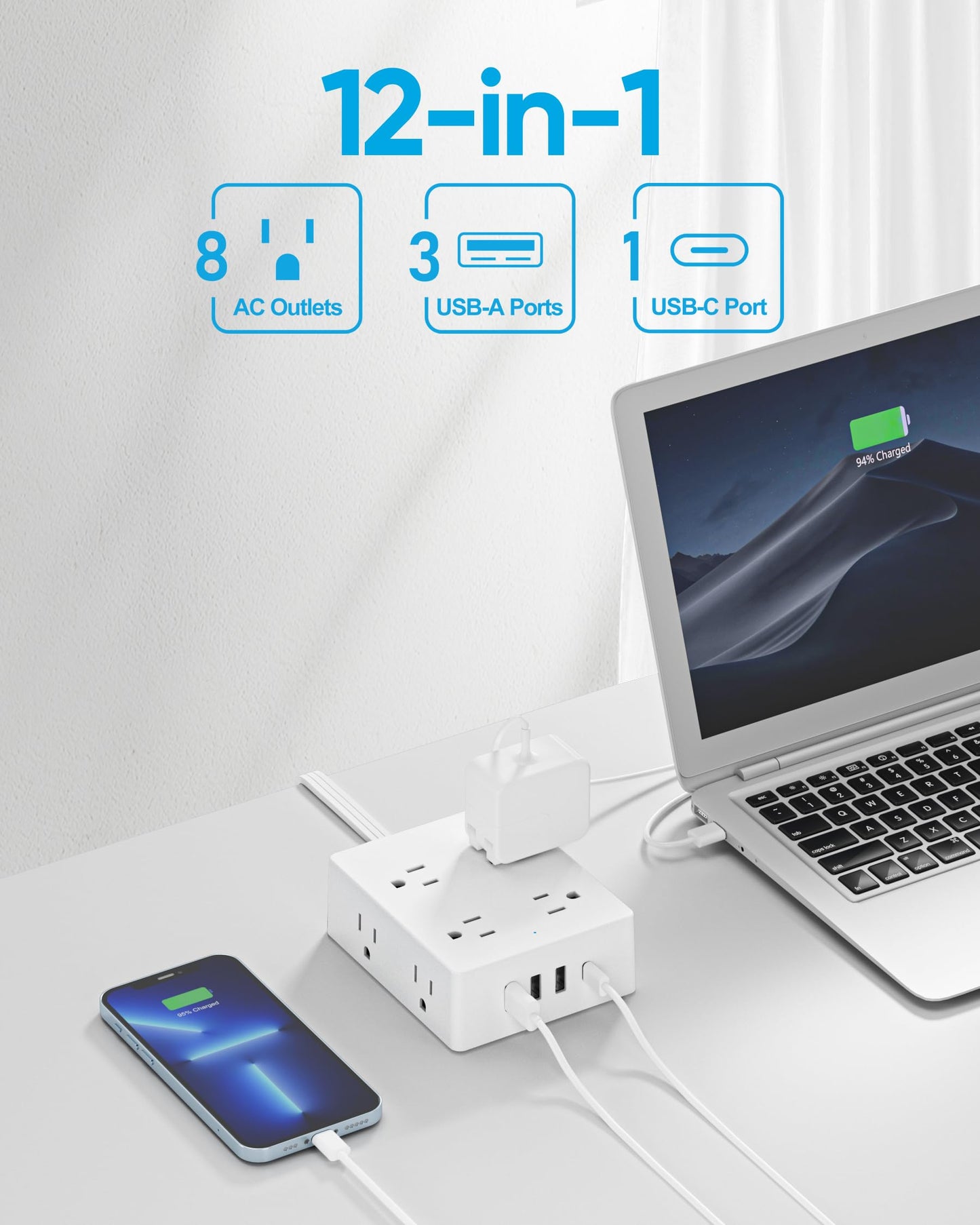 Surge Protector Power Strip, Olcorife Ultra Thin Flat Plug Extension Cord 5ft, 8 Outlets 4 USB Ports(1 USB C), Flat Wall Plug Outlet Extender, College Dorm Room Essentials, Black