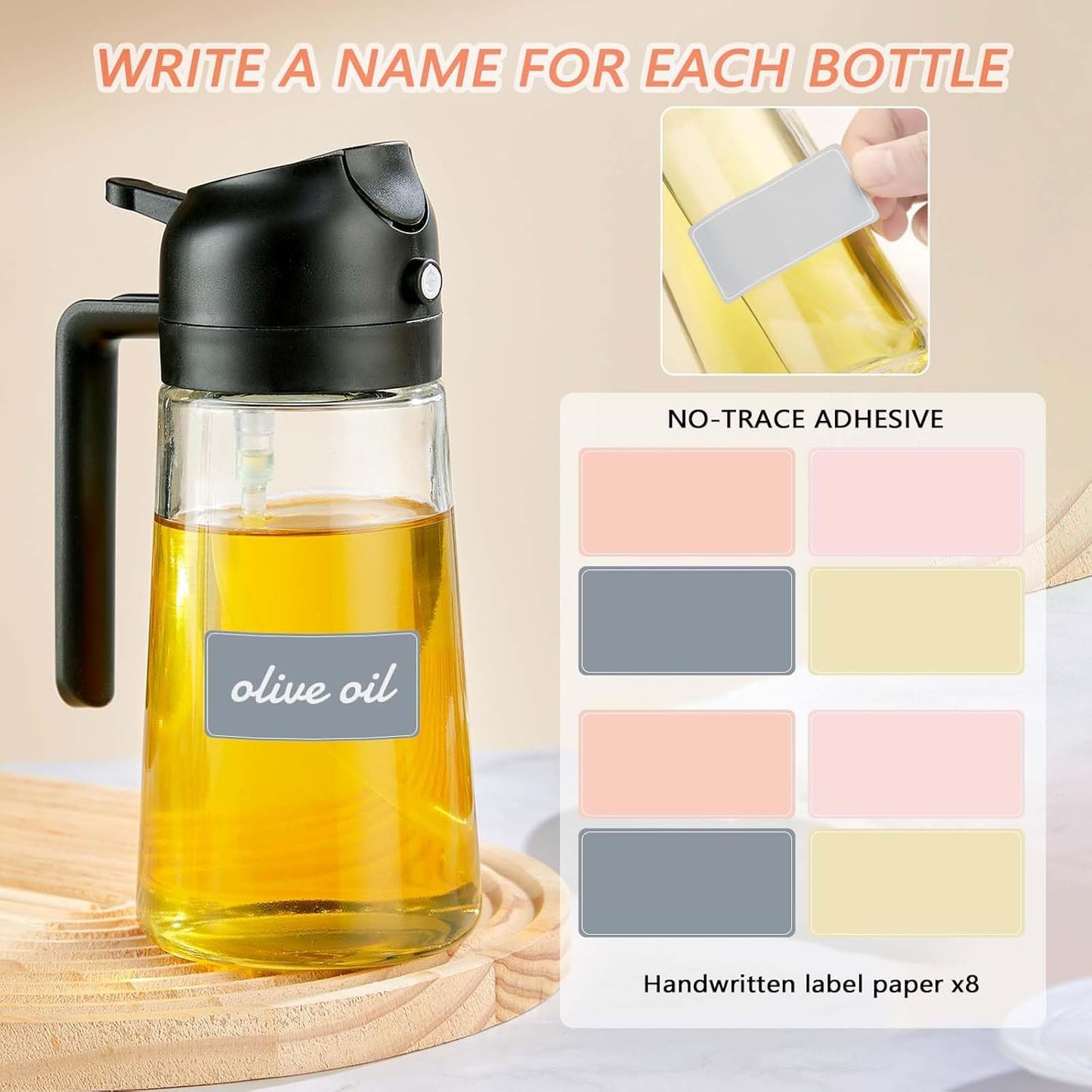 With Stickers 16oz Olive Oil Sprayer for Cooking - 2 in 1 Spray & Pour Olive Oil Dispenser - 470ml Glass Spray Oil Bottle - Kitchen Gadgets