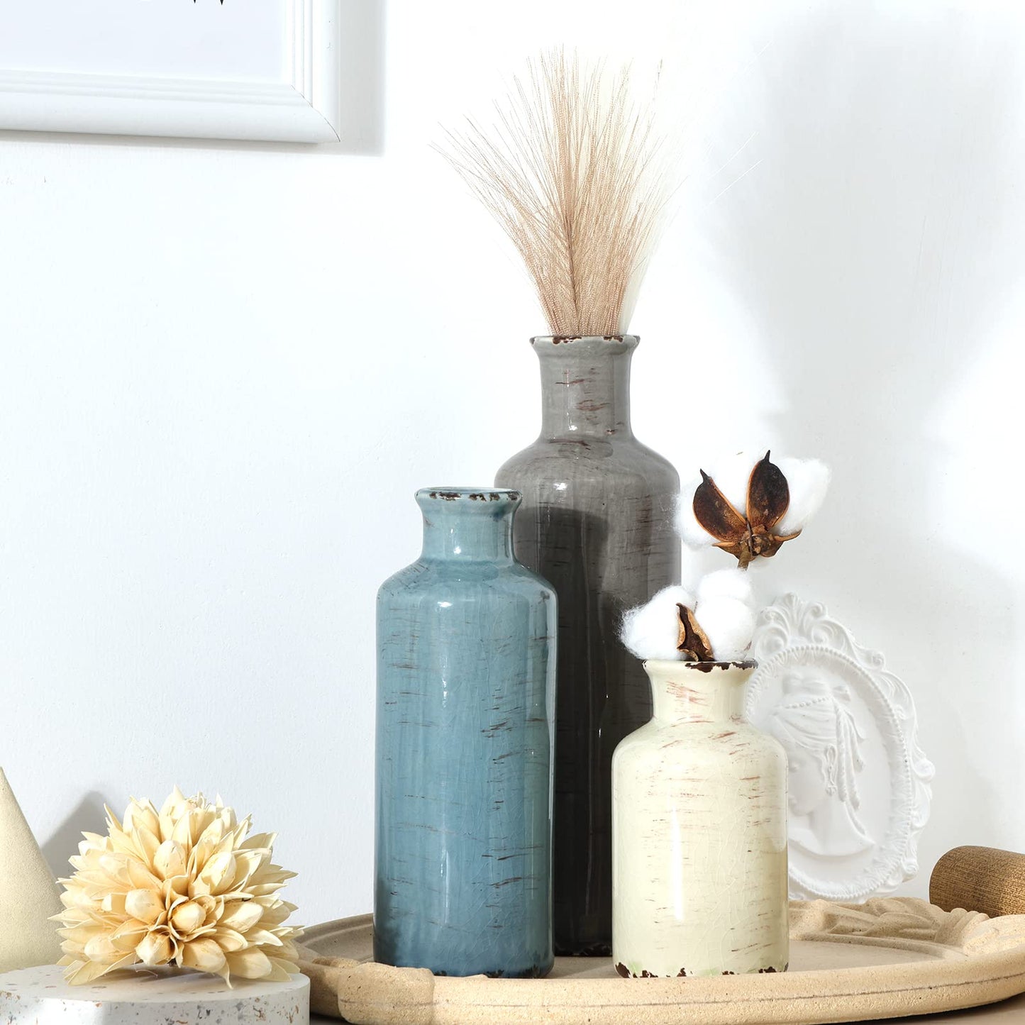 CUCUMI Ceramic Vases Set of 3, Rustic Coastal Vases Home Decor, Farmhouse Flower Vases Decor for Shelves, Ocean Beach Style, Mantle, Fireplace, Coffee Table, Shelf Decorations