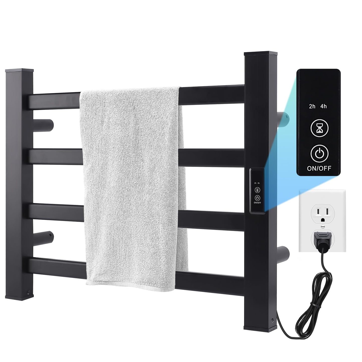 Towel Warmer Heated Towel Bar-Rack - Nopwer Bathroom Wall Mounted Electric Towel Drying Plug-in Matte Black 8 Bars