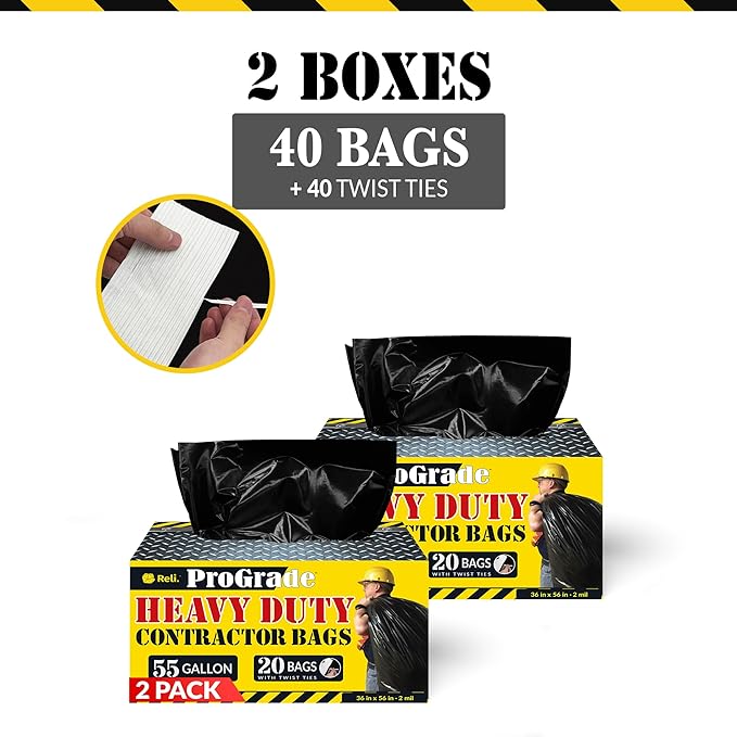 Reli. Contractor Garbage Bags 55 Gallon | 40 Trash Bags | Heavy Duty | Black