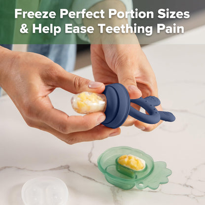 Haakaa Baby Fruit Food Feeder & Mini Freezer Nibble Tray Combo, Breastmilk Popsicle Molds for Baby Cooling Relief, BPA Free Silicone Feeder for Safe Infant Self Feeding, 4 Month+ (Steel Blue)