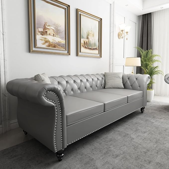 Mid-Century 3 Seater Sofa, Faux Leather Couch