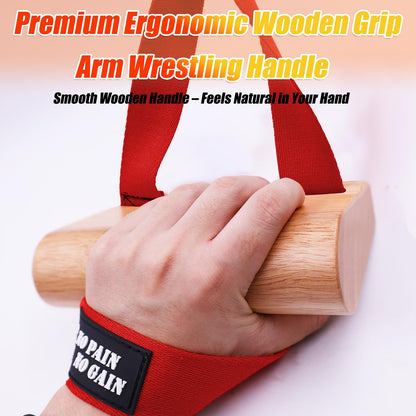 Ergonomic Arm Wrestling Handle with Wooden Grip, Wrist & Forearm Strength Training Attachment for Cable Machines (Red)