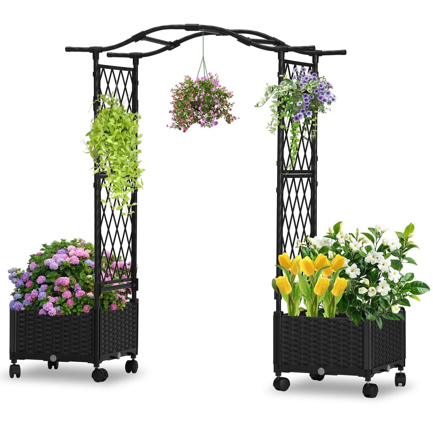 yotoworth Planter Box with Trellis Outdoor, Plastic Raised Garden Bed Trellis Planter Box with Wheels and Drainage Hole for Patio Balcony Backyard Indoor Flower Vegetable Tomato, Black