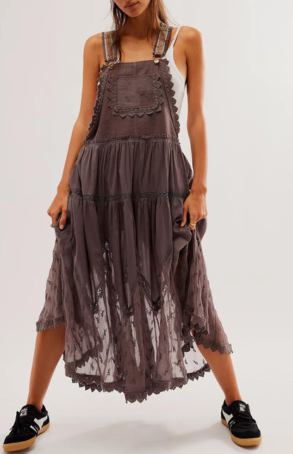 Women's Casual Lace Embroidered Maxi Dress Adjustable Strap Pleated Tiered Swing Long Dress with Pockets