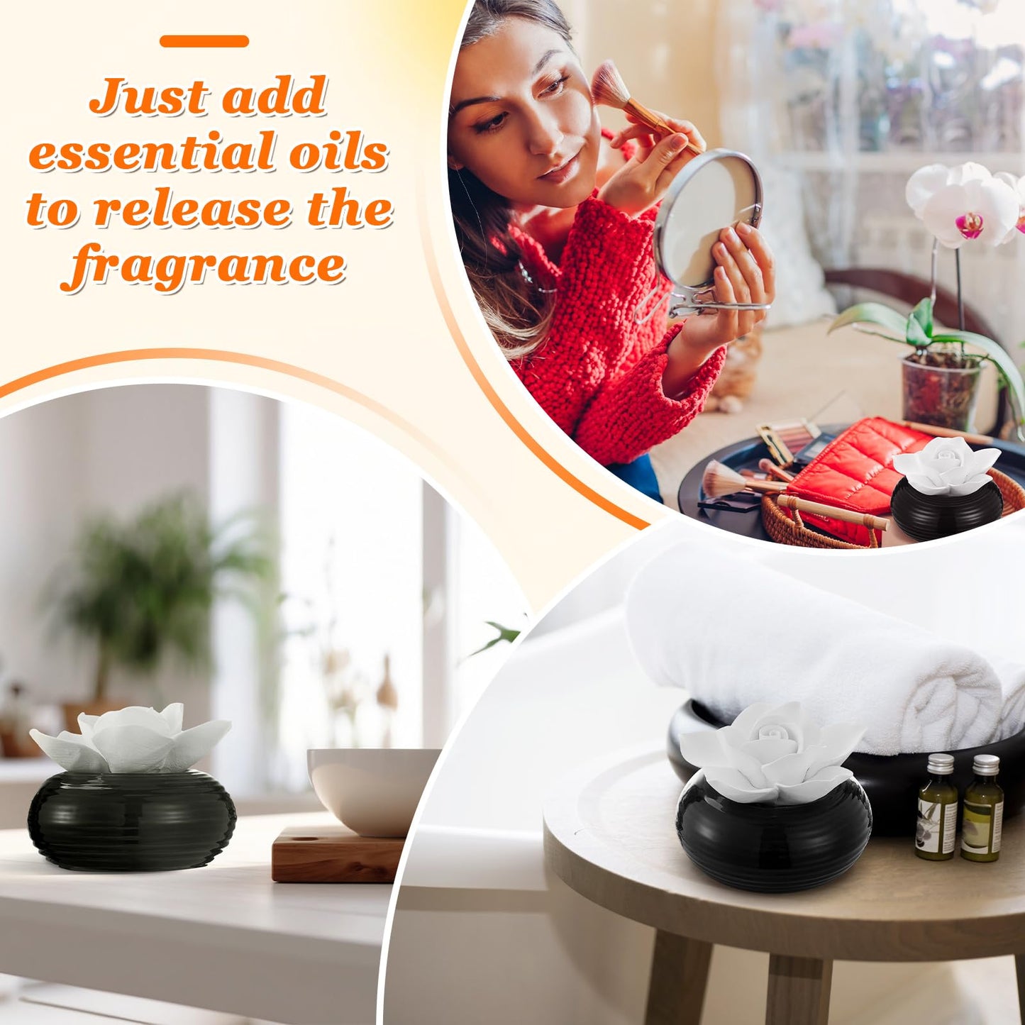 Honeydak 1 Pcs Reedless Ceramic Diffuser Set, Porcelain White Flower Aromatherapy Essential Oil Diffuser for Home Office Bathroom Tabletop Decor, Non-Electric, Valentines Day Gift (Camellia)
