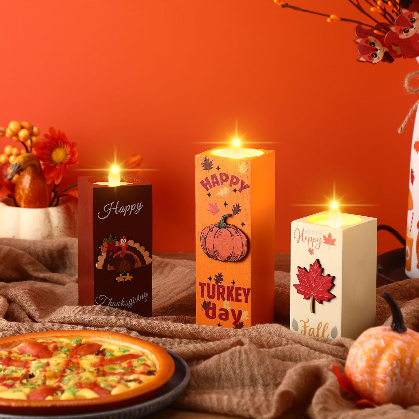 SiliFine 3 Pcs Thanksgiving Table Centerpieces Fall Candle Holders Thanksgiving Decorations Wooden Tealight Candle Holders Rustic Table Centerpieces for Home Office Holiday Decor Gifts