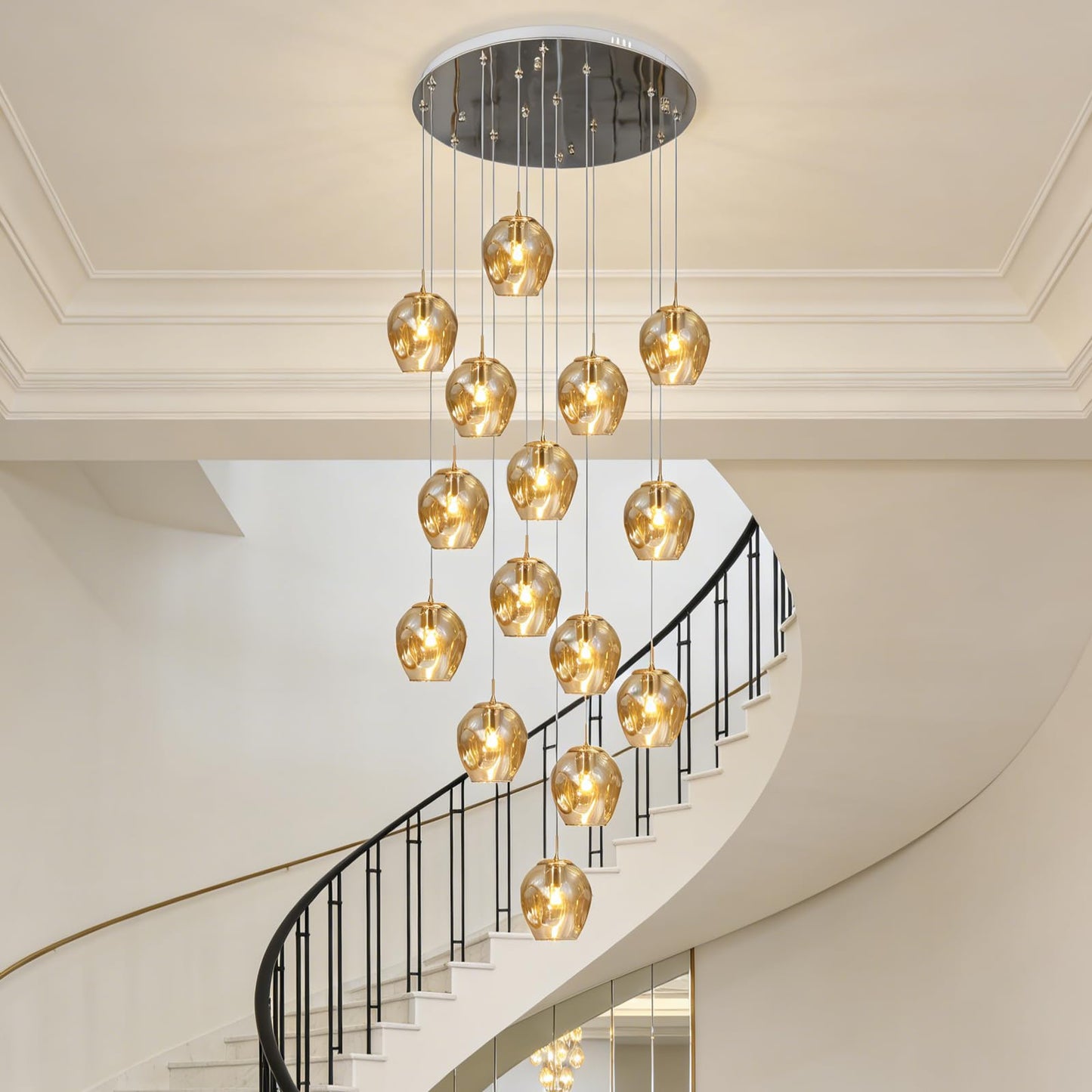 Meimond Long Chandeliers for High Ceilings,Modern Crystal Balls Pendant Light,Globe Raindrop Drop Lamp,Flush Mount Hanging Lighting Fixtures for Spiral Staircase,Foyer,Entryway,Living,15 Lights