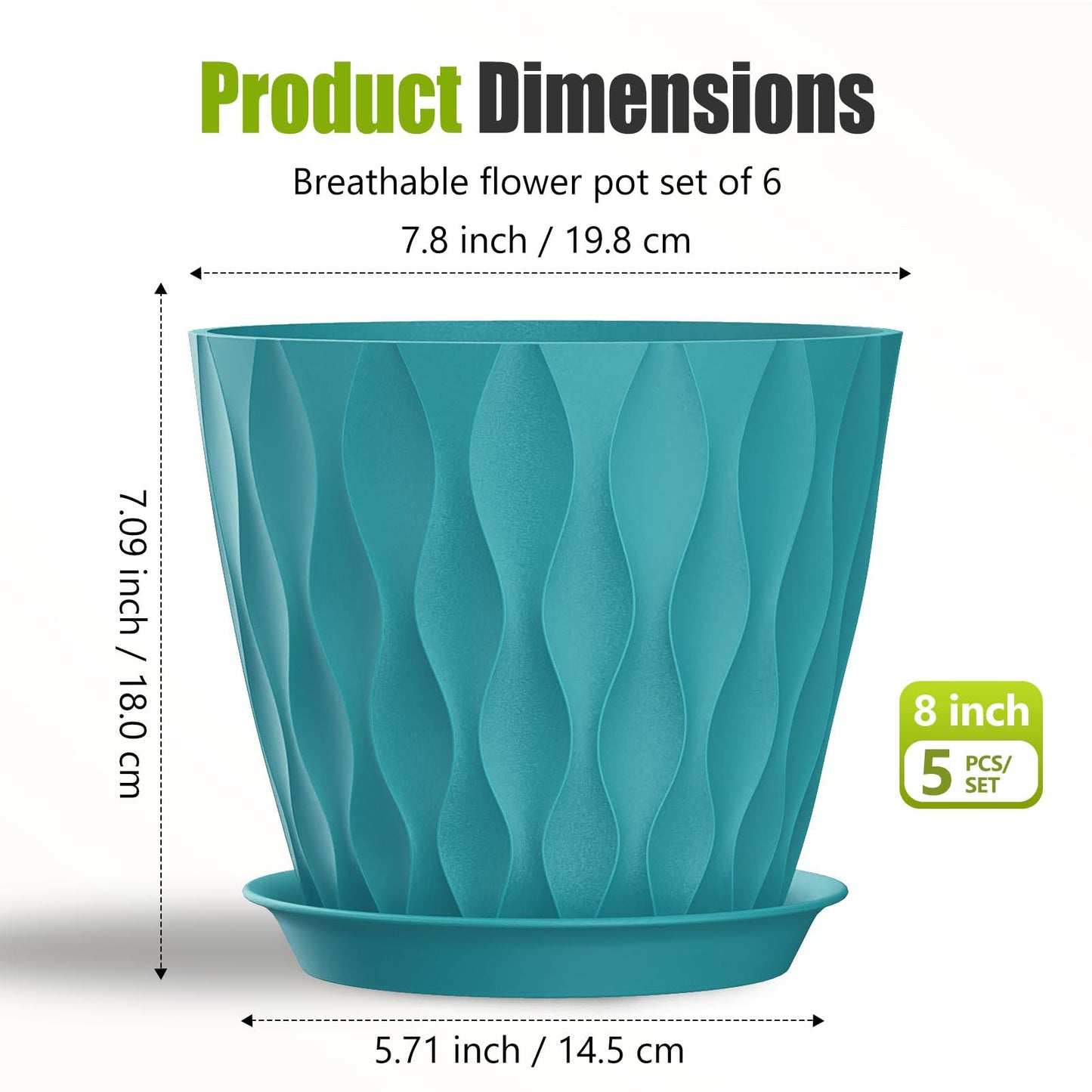 SQKH 8 Inch Plastic Plant Pots,Set of 5 Flower Pots,Planters with Drainage Holes & Saucers, Indoor Outdoor Garden Pots for Home Decor(Blue-Green)