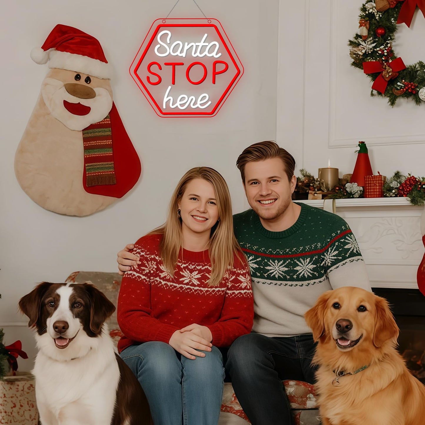 Santa Stop Here Neon Sign for Window Decor USB Powered Xmas Neon Wall Sign Festive Display Holiday Party Santa Stop Led Light for Back Drop Home Display