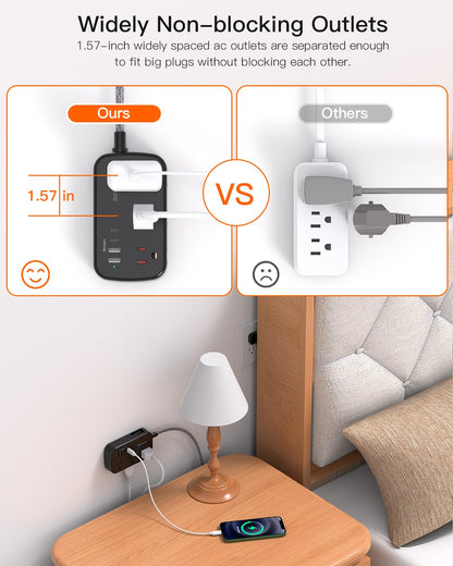 Flat Extension Cord, BESHON 5FT Flat Plug Power Strip with USB C, 6 Outlets 4 USB Port(2 USB C), No Surge Protector, Cruise Ship, Dorm Room Travel Essentials