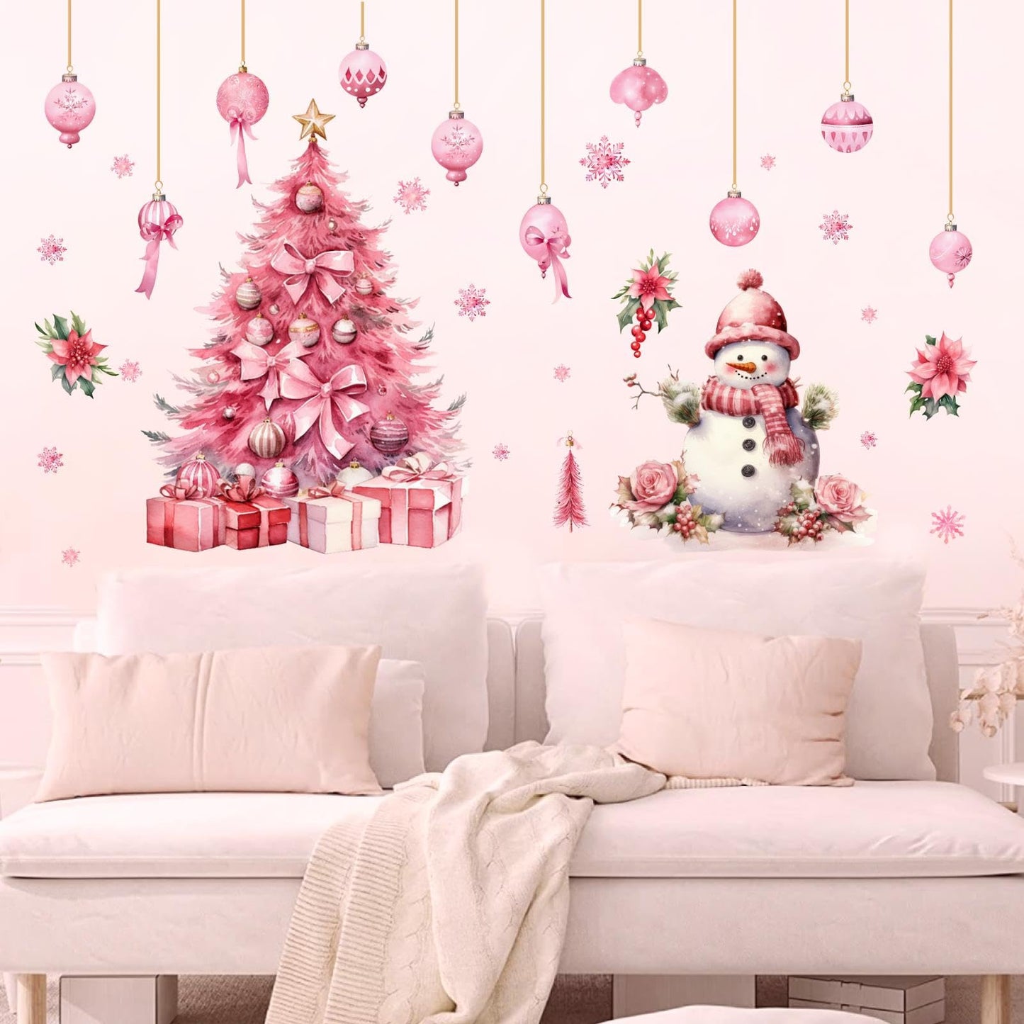 Large Pink Christmas Tree Wall Stickers Christmas Wall Decals Peel and Stick Snowman Stickers for Christmas Home Decor Indoor Hanging Ball Snowflake Art Murals for Living Room Xmas Party Supplies