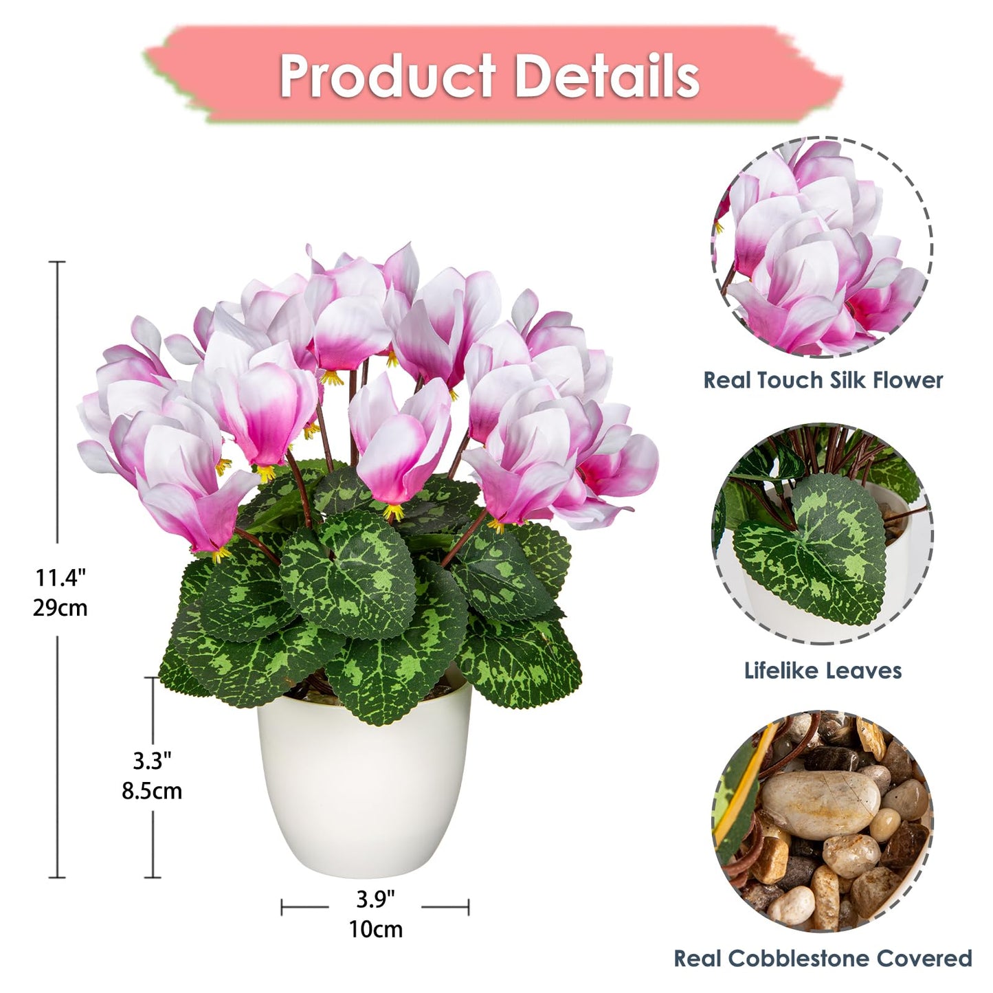 Hollyone Artificial Cyclamen Flowers Plant Potted Fake Silk Flower Plants in White Pot Faux Pink Cyclamen Flowers Arrangement Home Decor Office Bathroom Shelf Desk Decorations
