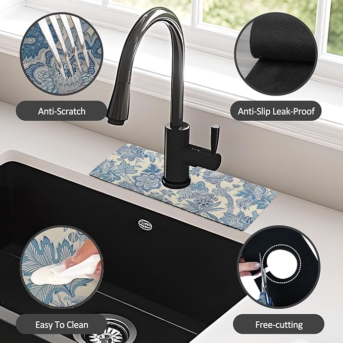 15" X 5.5" Kitchen Sink Splash Guard Faucet Mat Floral Super Absorbent Fast