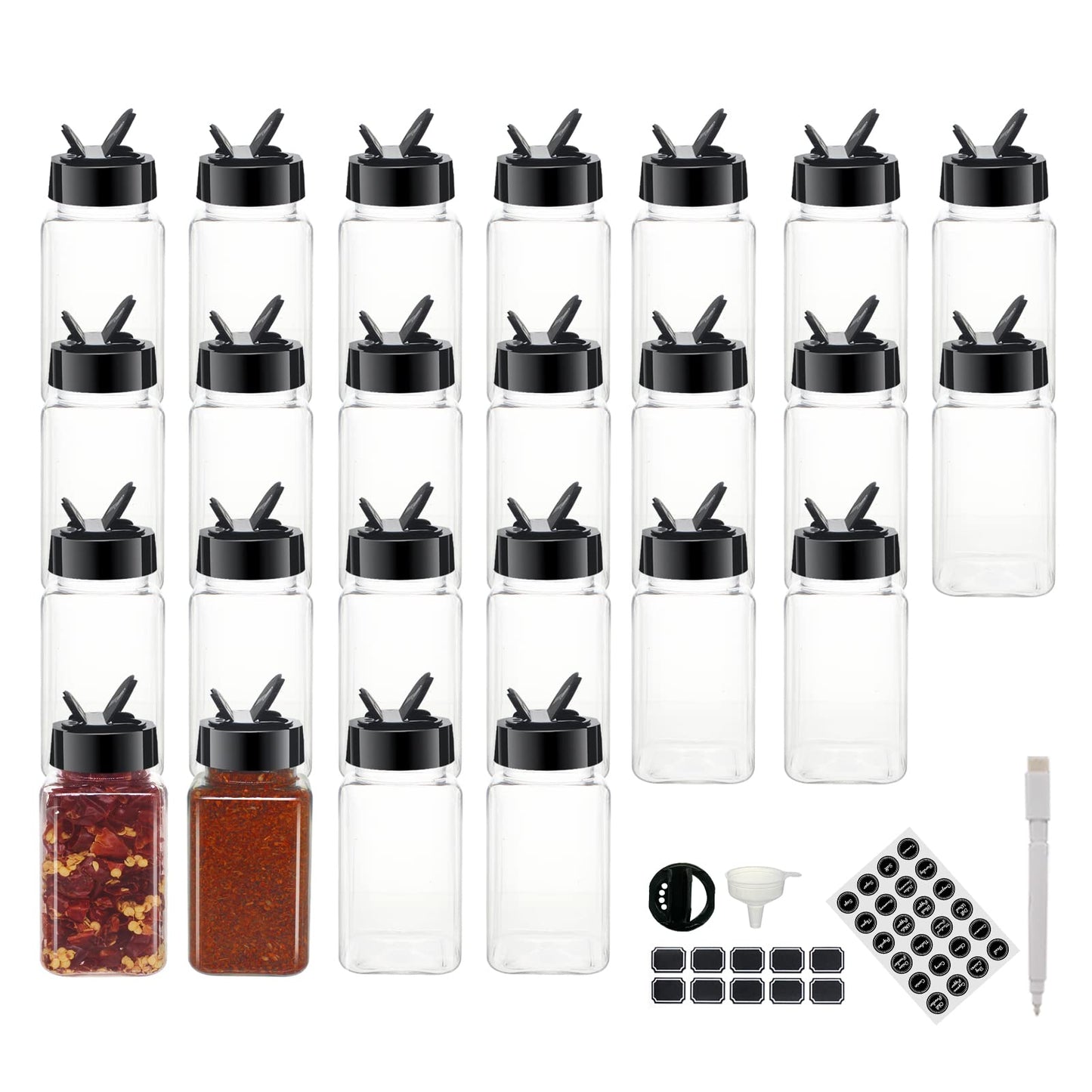 BPFY 24 Pack 4oz Clear Plastic Spice Jars With Black Plastic Lids, Square Spice Bottles, Seasoning Containers with Chalk Labels, Pen, Funnel, Spice Containers For Kitchen Cabinet