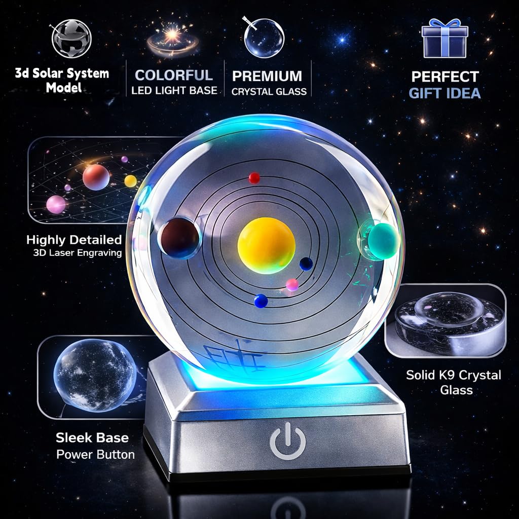 Zerelys 3D Crystal Ball Lamp Night Light, 3.15" Crystal Figurine Lamp Gifts for Women Wife Girlfriend Kid Romantic Room Decor, Birthday Gifts (3D Solar System)