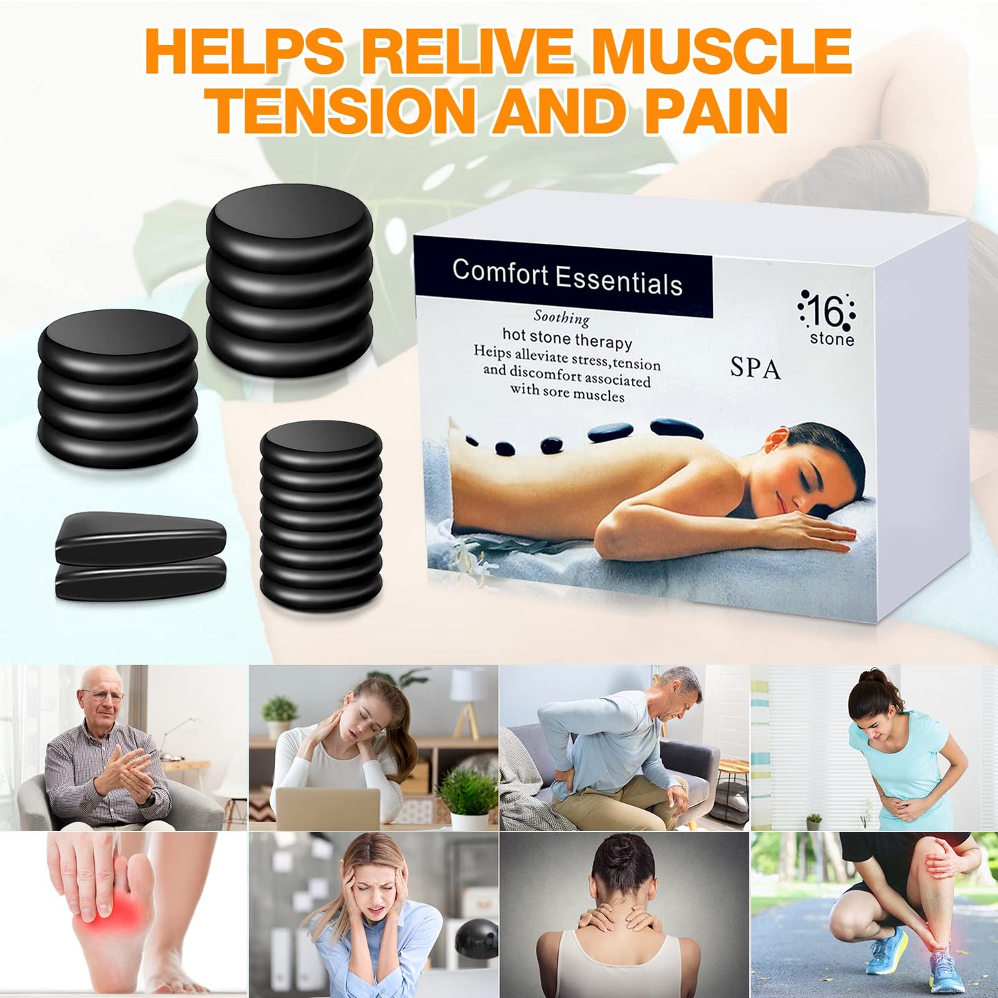 Yunsailing 18 Pcs Hot Stones Massage Set Black Smooth Massage Hot Stones Bianstone Set for Home Spa Warming Relaxing Pain Relief