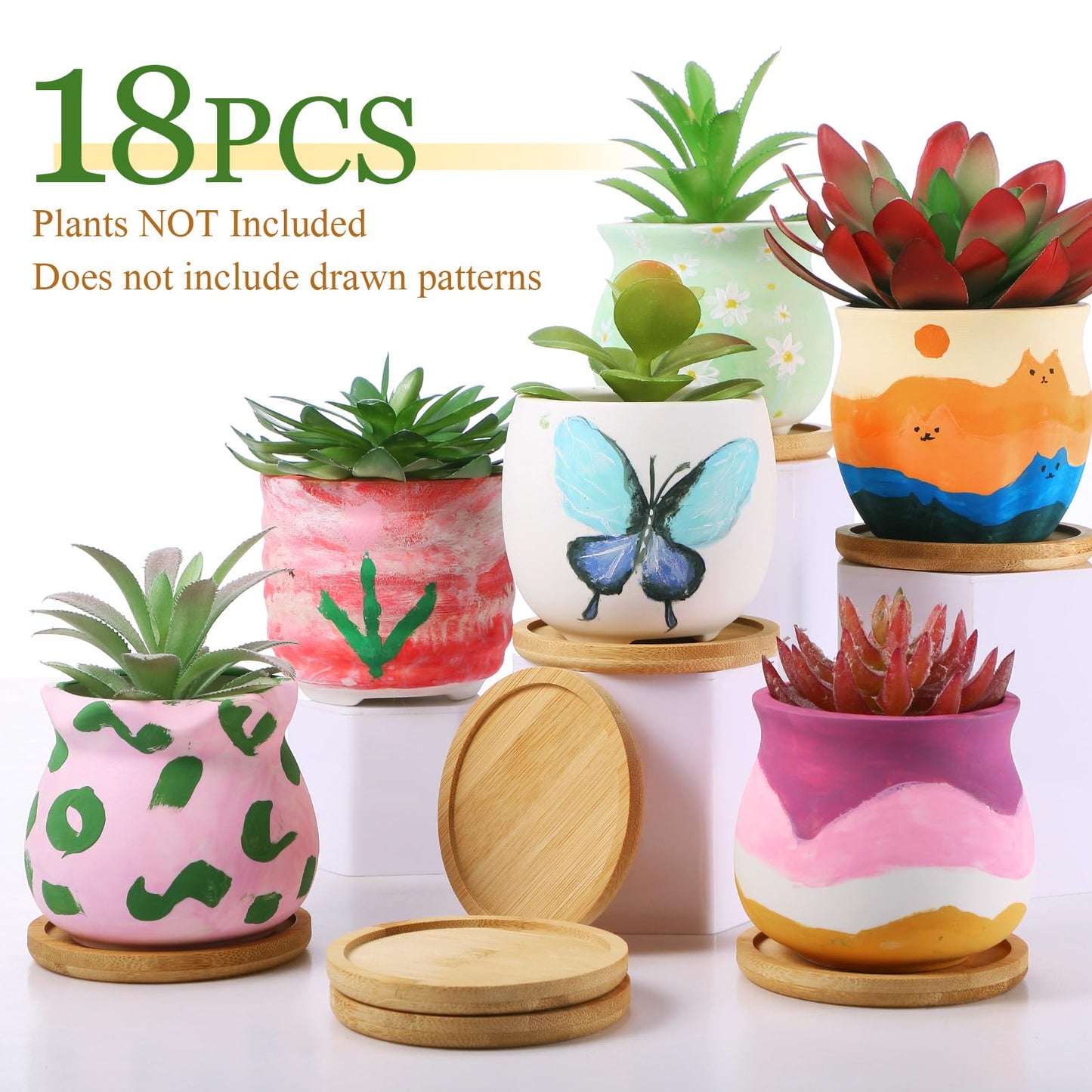 Remerry 18 Pcs 3.5 Inch Mini Succulent Pots with Bamboo Tray White Ceramic Pots Color Your Own DIY Small Planters Containers for Flower Cactus with Drainage Hole for Plant Lover