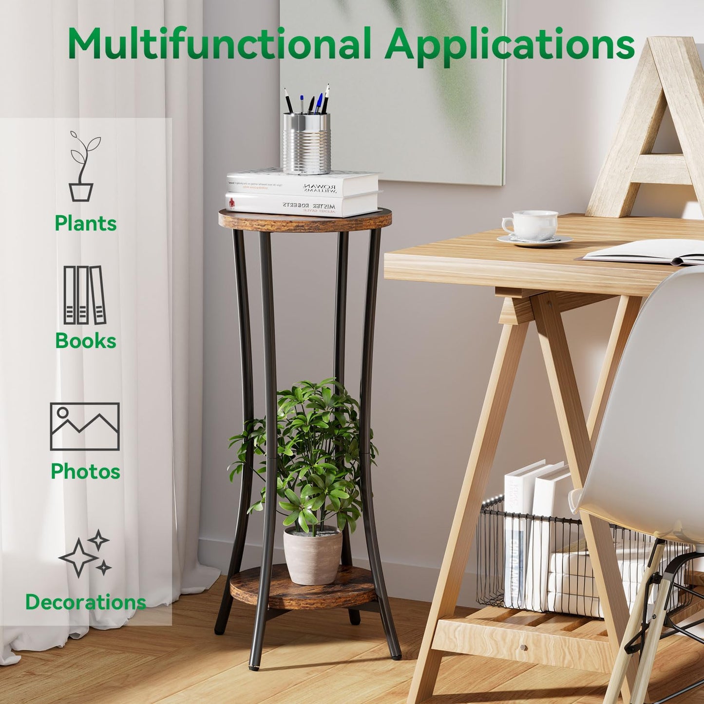 IBUYKE 30 Inch Tall Plant Stand Indoor, 2 Tier Wood Corner Plant Stand, Modern Round Plant Shelf Flower Stand for Living Room Patio Balcony Garden, Rustic Brown TMJ074H