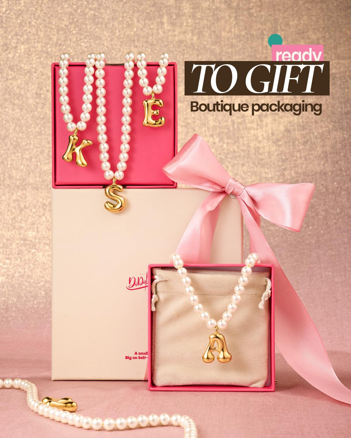 DoDoBeads Pearl Initial Necklace, 18K Gold Plated Stainless Steel Balloon Letter Pendant A, Non-Tarnish Waterproof Chunky Monogram Jewelry Gifts for Women Teens