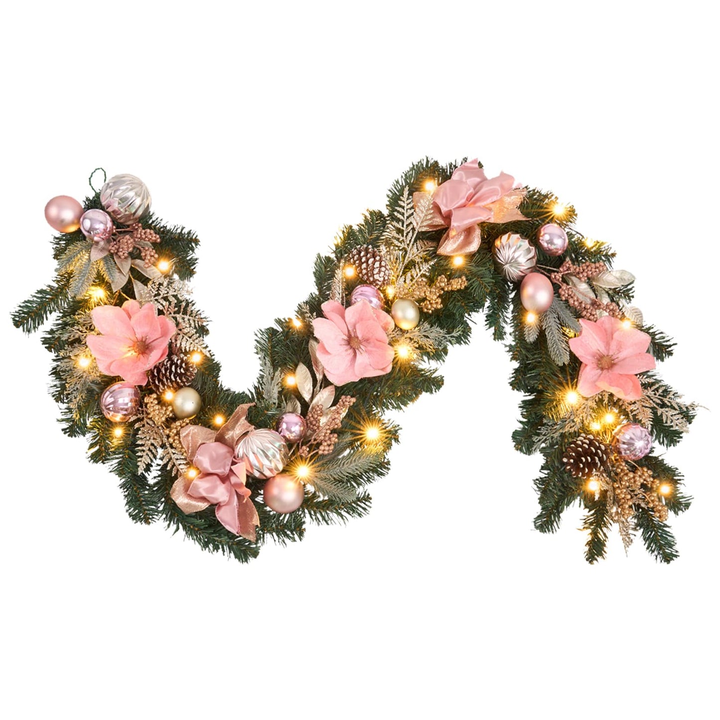 6ft Pink Gold Christmas Garland with Lights,20 LED with Timer, Lighted Door,Fireplace, Mantel and Stairs Winter Decor,Entryway Porch Decoration,prelit Elegant Magnolia Garland for Front Door