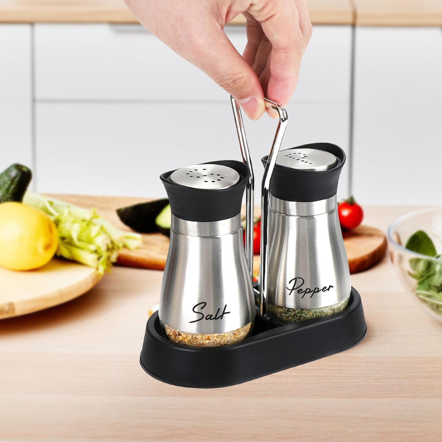 Accmor Salt and Pepper Shakers Set with Holder, 4 oz Stainless Steel Salt Pepper Shaker Containers with Glass Bottom for Kitchen Cooking, BBQ, Bar, Table, RV, Camp