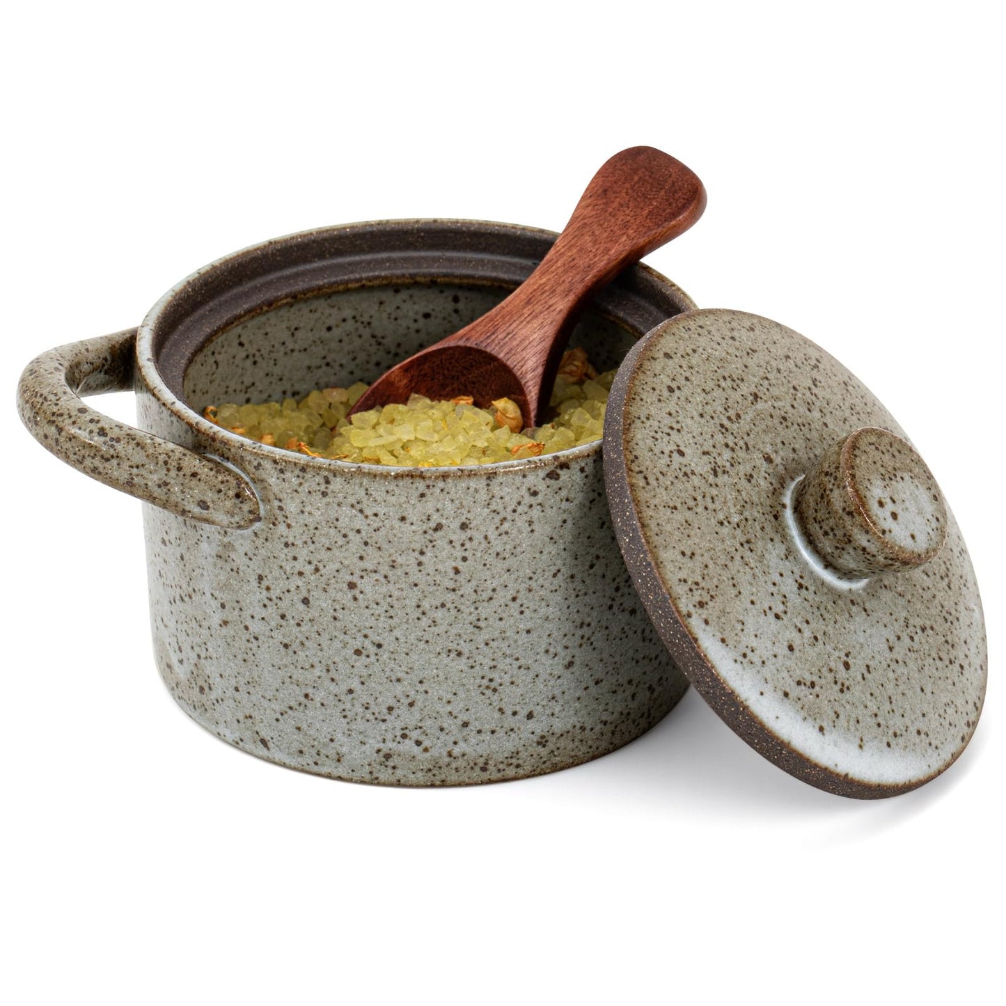 Honeydak Speckled Ceramic Salt Cellar with Lid and Wooden Spoon, Rustic Farmhouse Salt Pepper Cellar Holder for Mothers Day, Housewarming Gift, Heavyweight Spices Jar(Light Gray,1 Set)