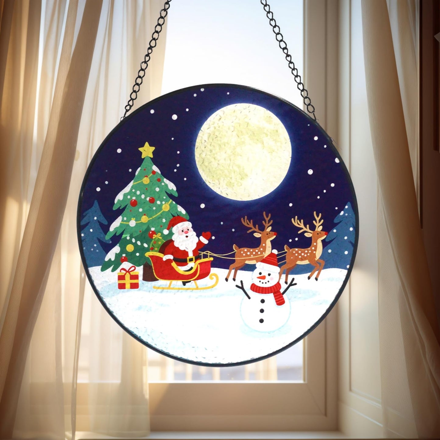 Christmas Stained Glass Suncatcher Window Decor with Santa, Reindeer, Snowman Home Decoration Indoor for Bedroom Living Room Door Wall for Women Men Friend Parent Lover, 7.8 Inch