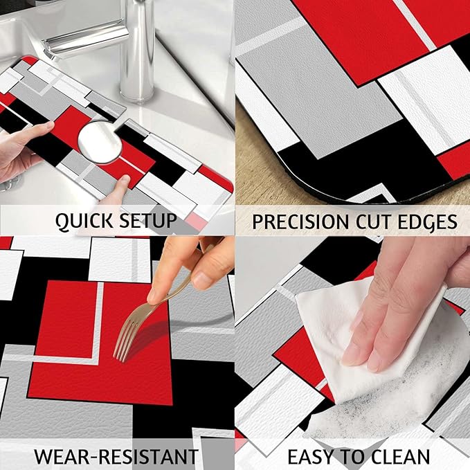 MCALK Geometric Red Kitchen Sink Faucet Mat Splash Guard, Absorbent Quick-Dry