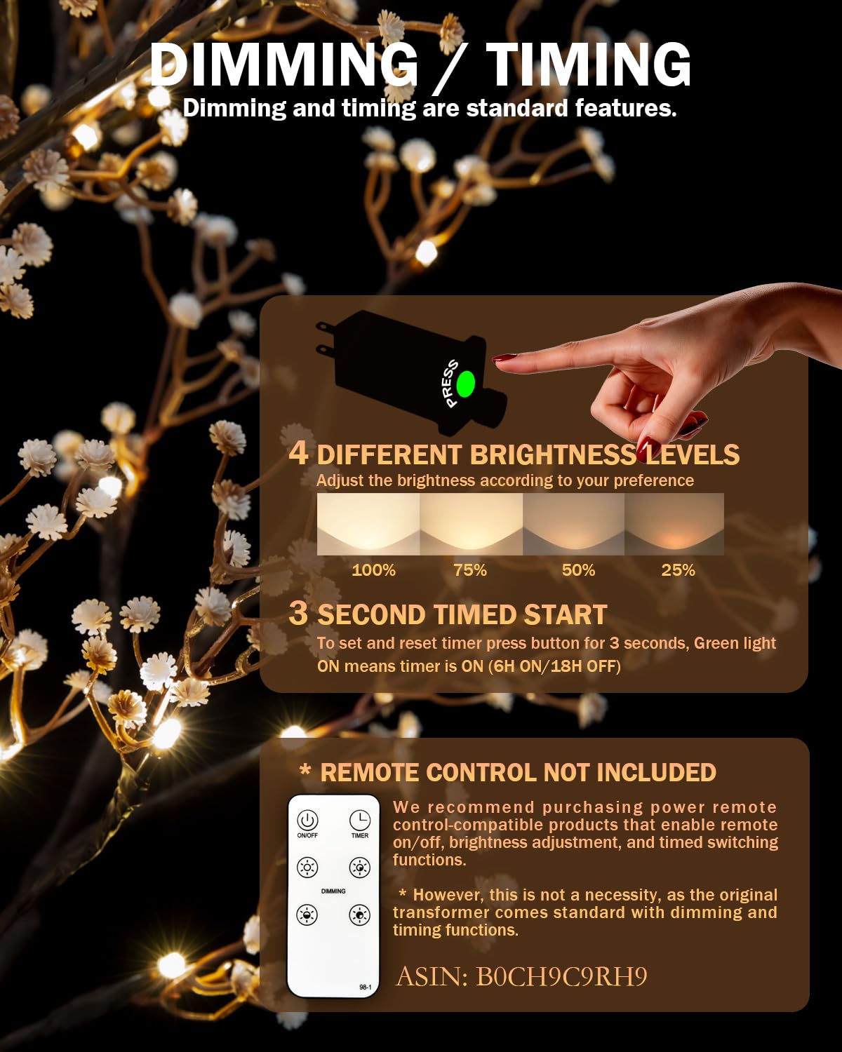 TYBEEU 4ft Lighted Baby's Breath Tree with 64 Warm White LED Lights, Dimmable, Ideal for Indoor & Outdoor Holiday Decor, Home, Garden, Wedding & Party