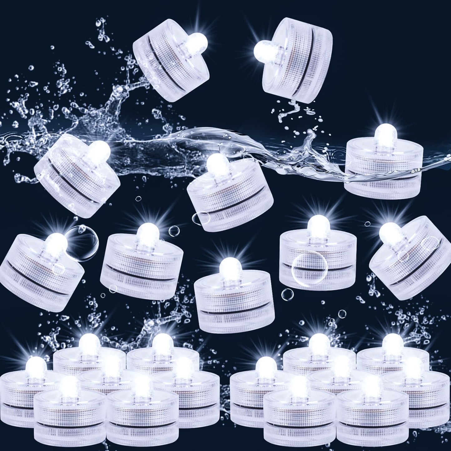 JINHEZO Submersible LED Light, Tea Lights, Pond Underwater Small LED Lights, Battery Operated 125 Hours, for Wedding Home Vase Festival Party Decoration White 24Pcs (Built-in 48 Batteries)