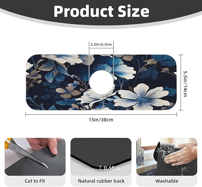 Blue flowers Kitchen sink faucet pad, strong water absorption, anti slip